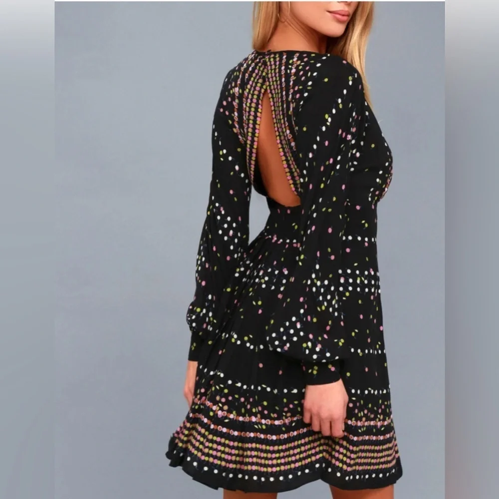 Free People Coryn Mini Dress Black Printed Open Back Long Sleeve Size 2